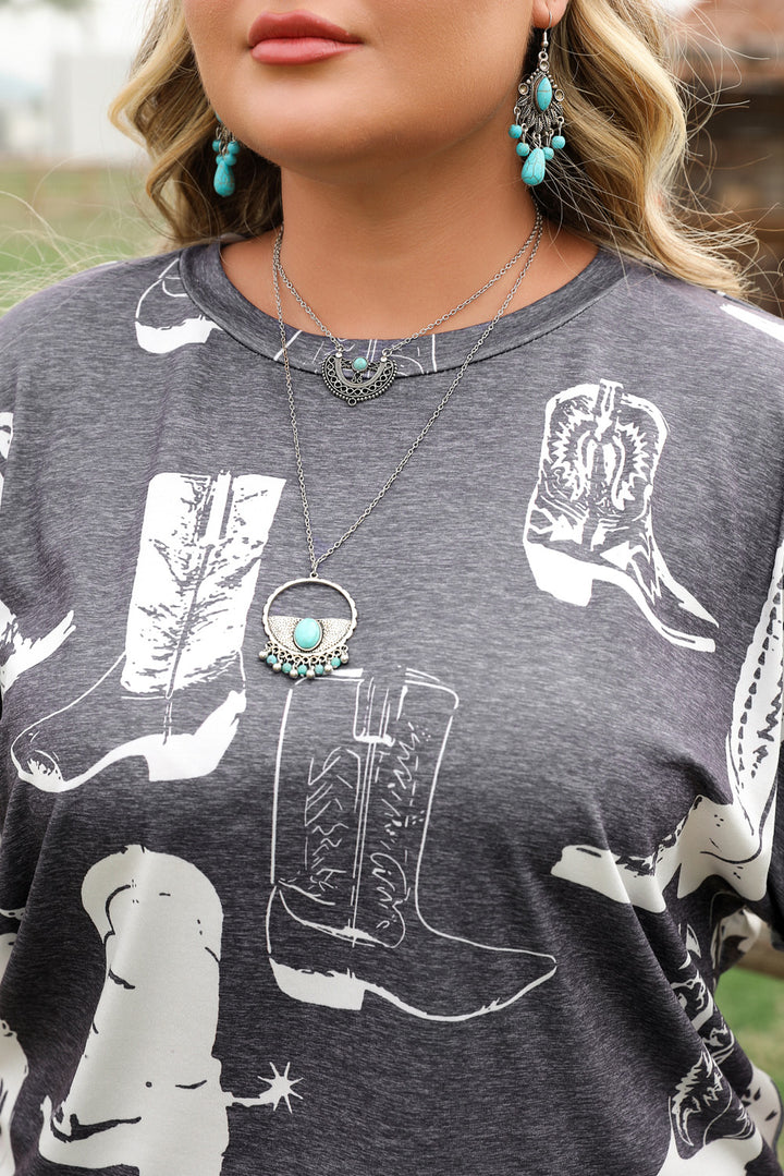 T-shirt ras du cou gris grande taille à imprimé bottes western