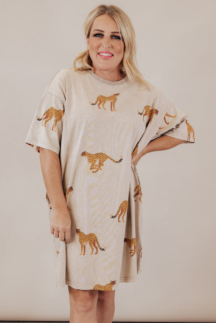 Apricot Plus Size Cheetah Print Side Pockets T Shirt Mini Dress