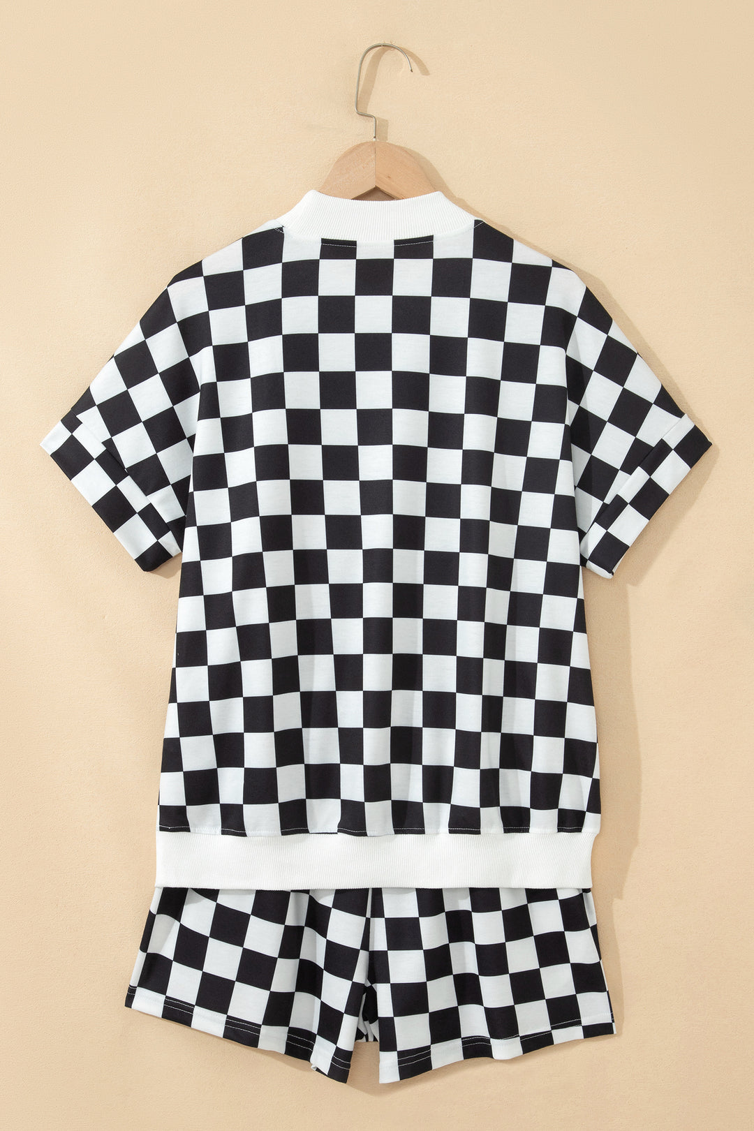 Black Checkered Print Color Block Trim Mock Neck Short Set