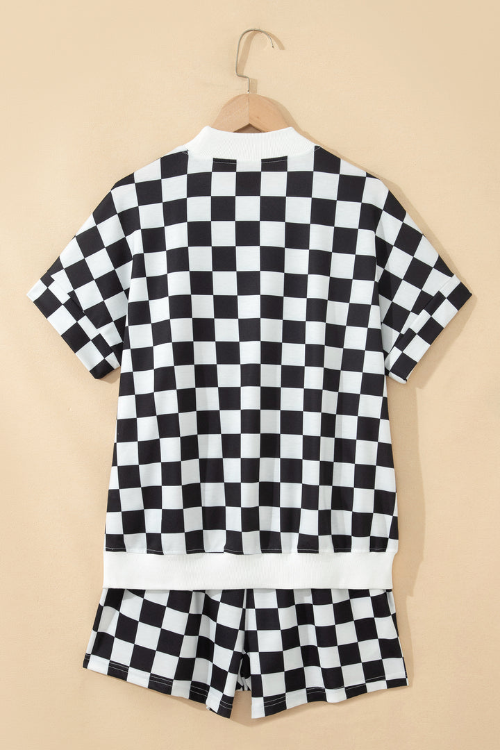 Black Checkered Print Color Block Trim Mock Neck Short Set
