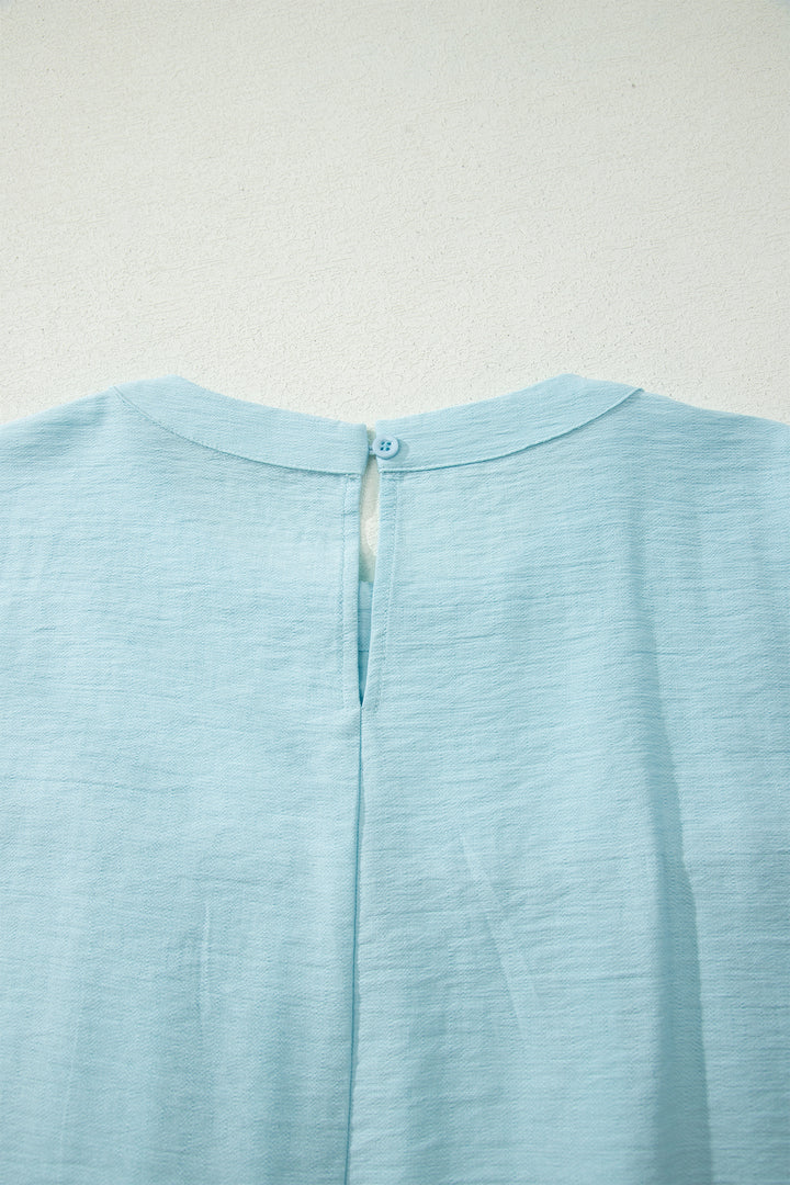Mist Blue Tie Half Sleeve Pleated Detail Babydoll Blouse
