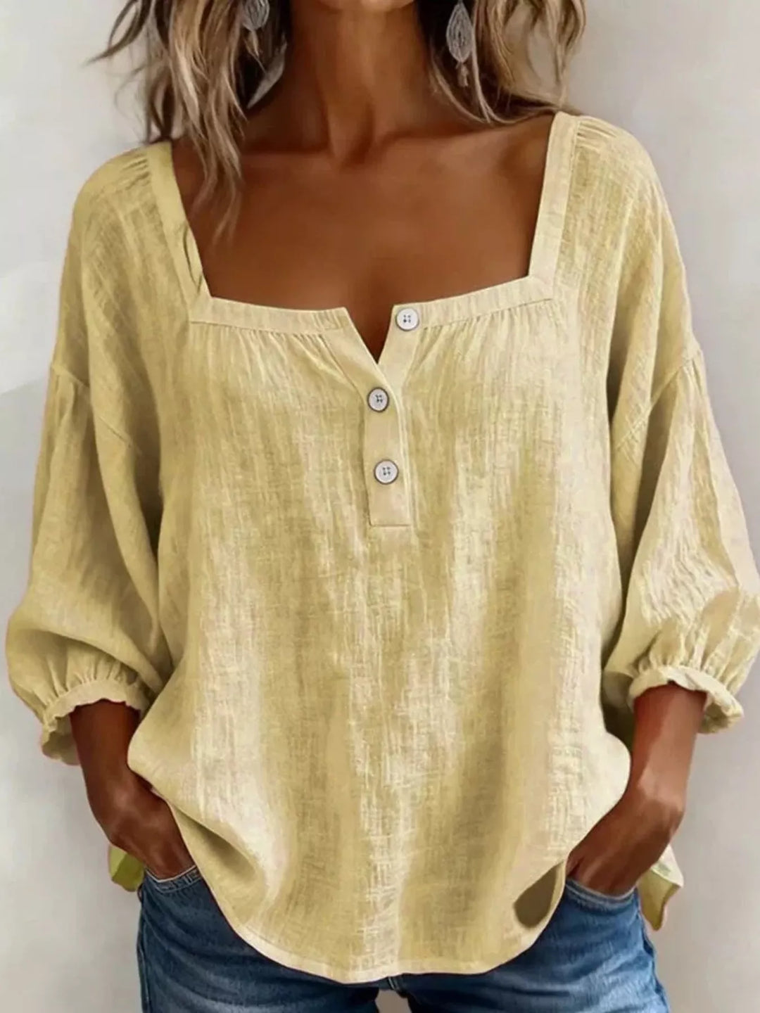 Full Size Square Neck Button Detail Blouse Plus Size