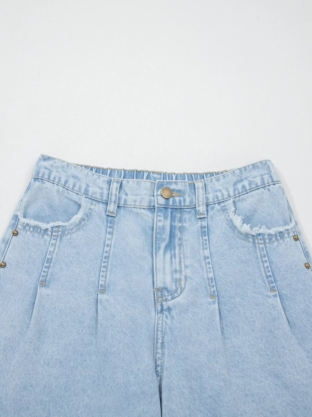 Studded Side Slit Leg Frayed Pocketed Wide Leg Jeans
