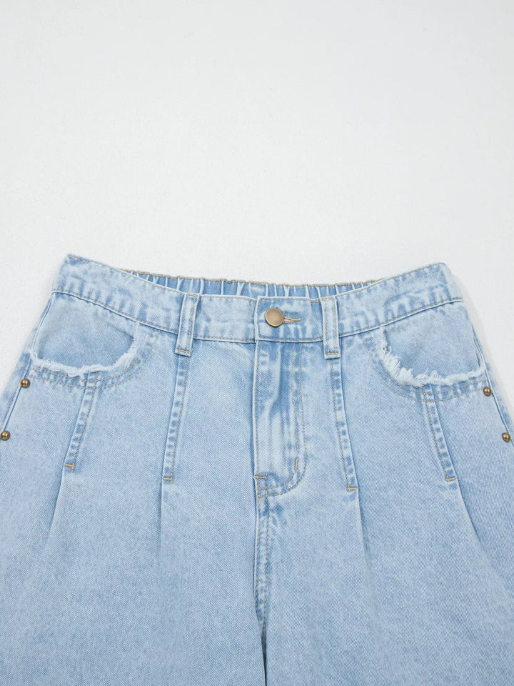 Studded Side Slit Leg Frayed Pocketed Wide Leg Jeans