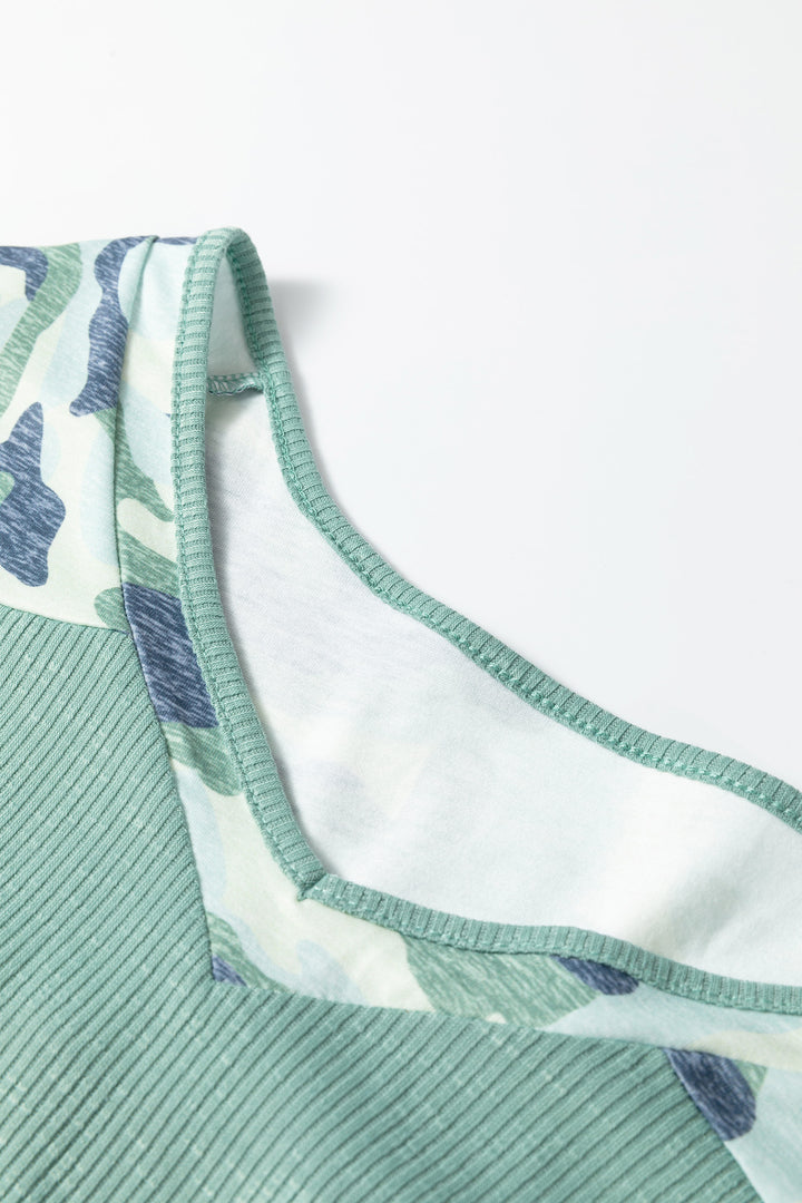 Mist Green Ribbed Camouflage Patchwork Plus Size V Neck Tee