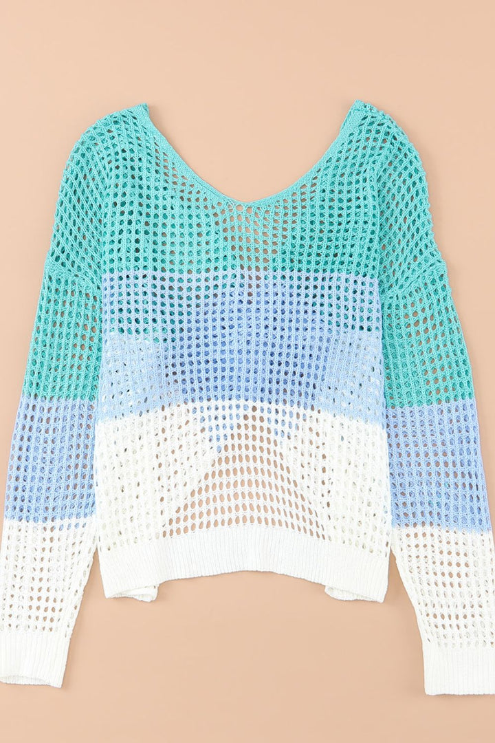 Back To School Sweater - Twisted Back Color Block Long Sleeve Knit Cover Up