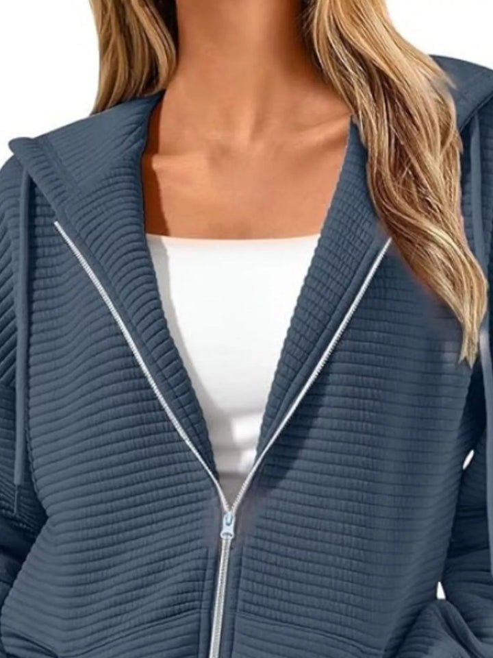 Drawstring Zip Up Dropped Shoulder Hoodie