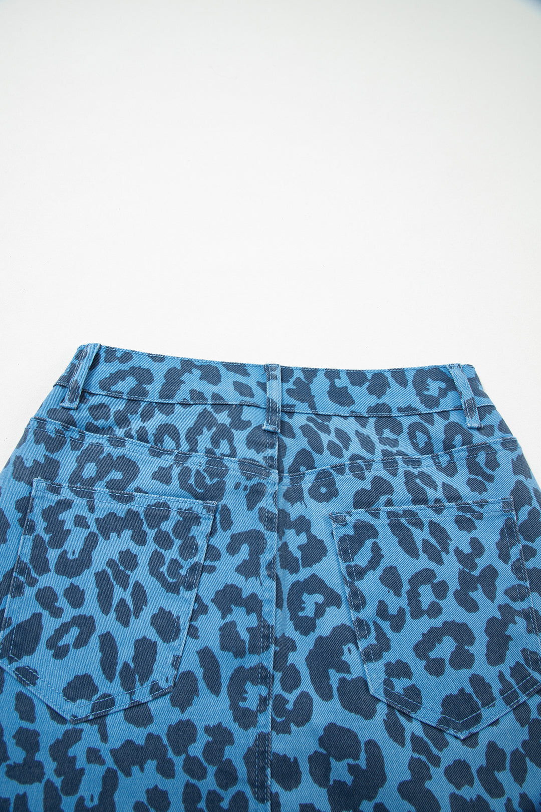 Sky Blue Leopard Denim Frayed Split Denim Midi Skirt