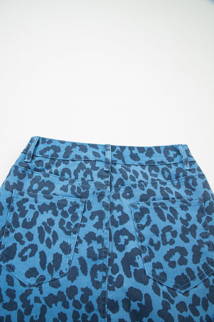 Sky Blue Leopard Denim Frayed Split Denim Midi Skirt