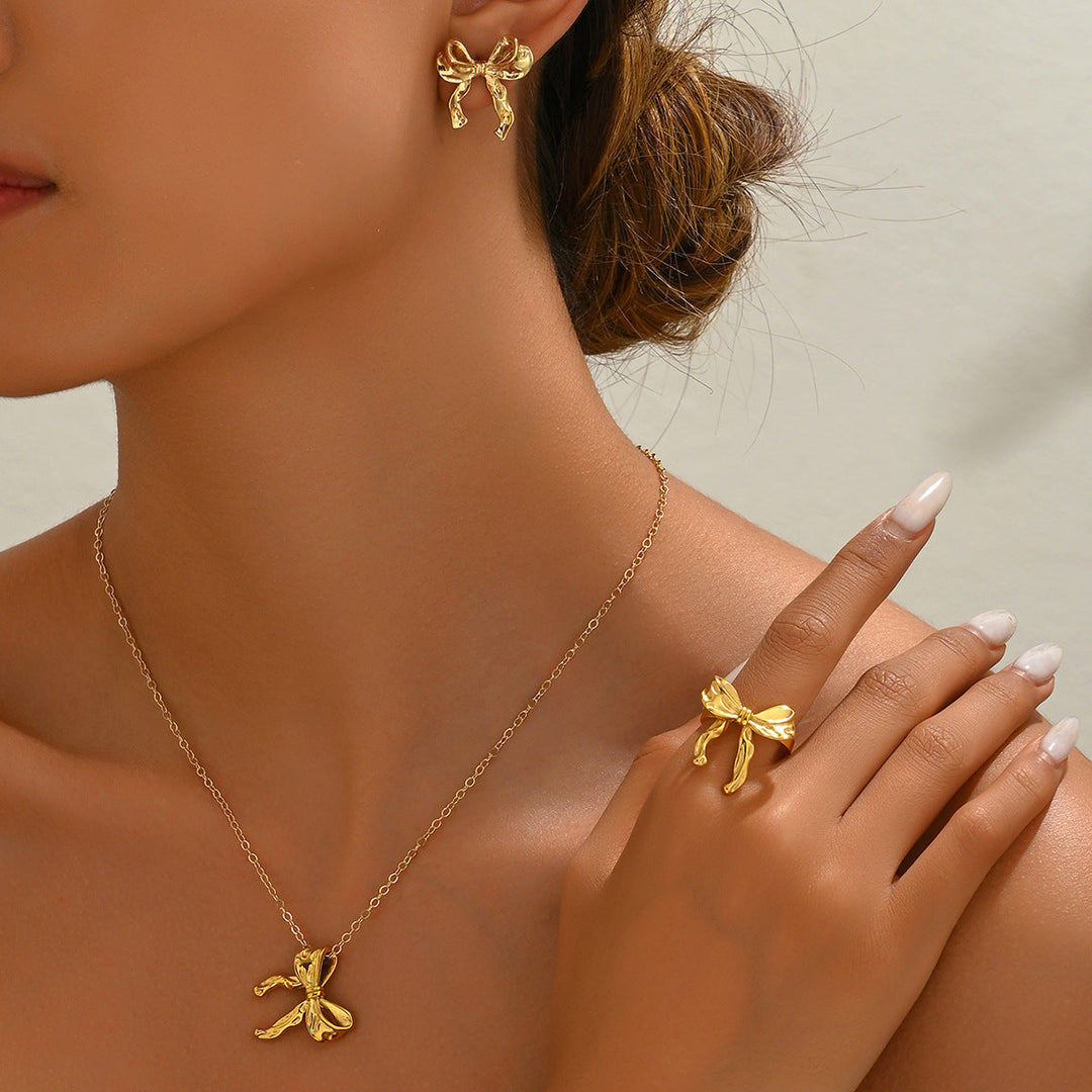 Fashion European American Office Lady Jewelry Set, Niche Bow Design Elegant Matching Earrings & Pendant Necklace For Women Daily Wear