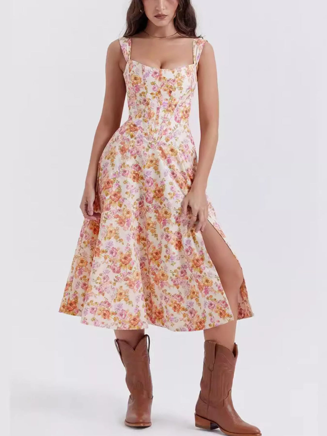 Floral Print Midi Dress with Slit