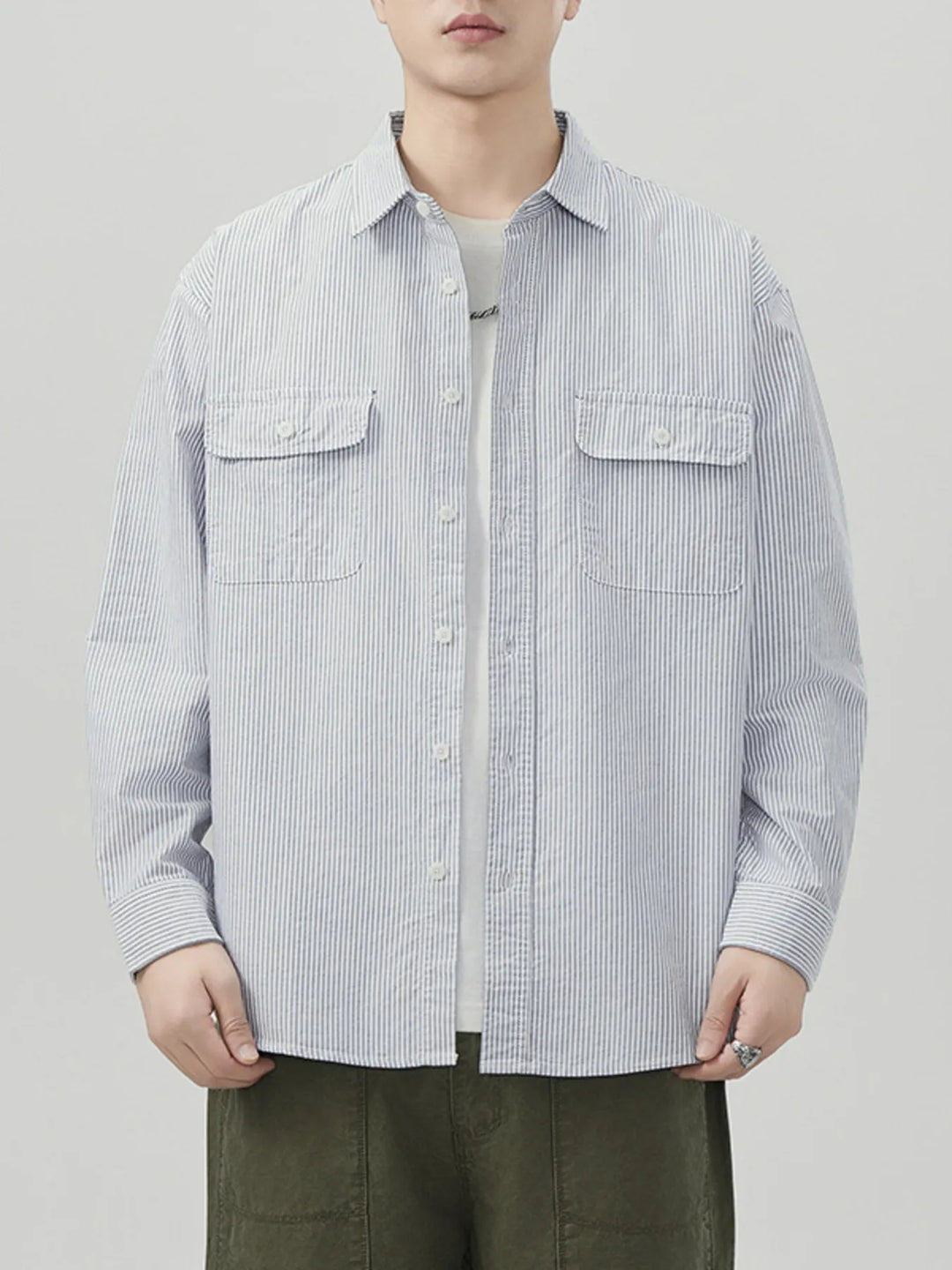 Men's Plus Size Striped Button Up Long Sleeve Shirt