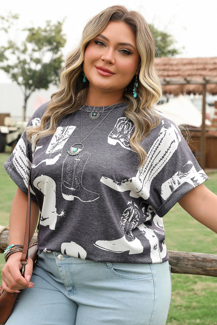 T-shirt ras du cou gris grande taille à imprimé bottes western