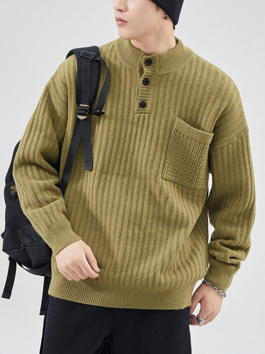 Men's Full Size Button Detail Long Sleeve Sweater Plus Size