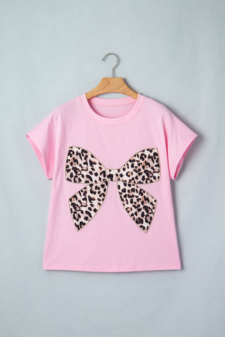 Pink Leopard Bow Embroidered Cotton Round Neck T Shirt