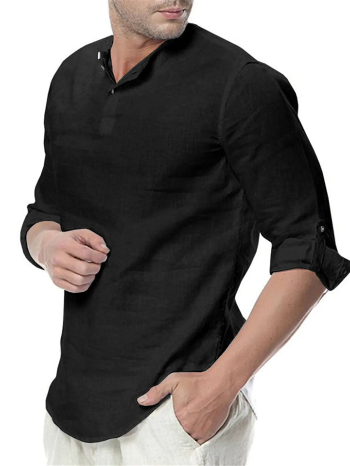 Men's Plus Size Solid Color Roll-Up Sleeves Blouse