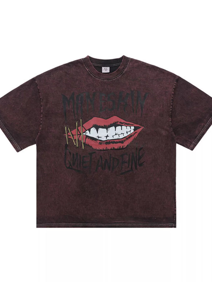 Men's Lip Graphic Washed Round Neck T-Shirt