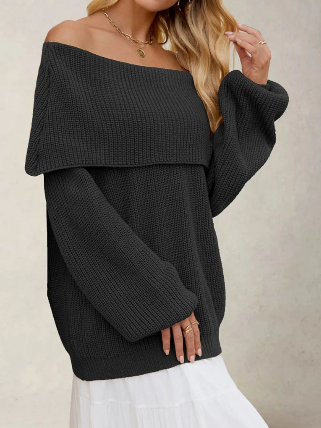 Fold-Over Collar Long Sleeve Sweater