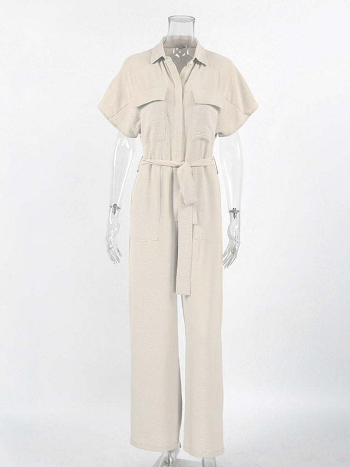 Chest Pocket Short Sleeve Wide Leg Jumpsuit