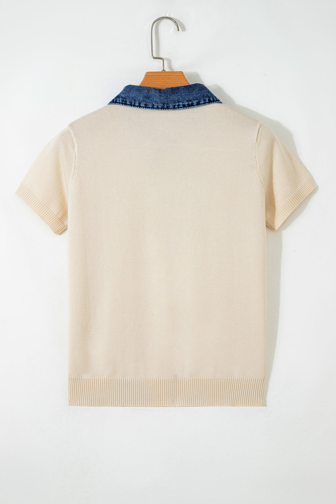 Jet Stream Short Sleeve Knit Denim Patchwork Polo Collar Sweater