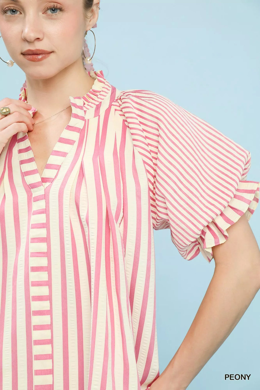 Umgee Striped Notched Top with Short Flutter Sleeves