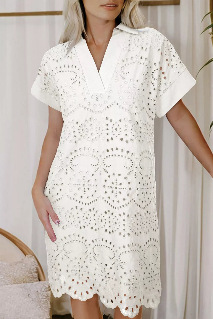 Solid Color Eyelet Embroidered T Shirt Mini Dress