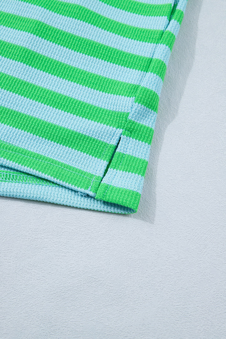 Green Stripe Puff Short Sleeve T Shirt Matching Shorts Set