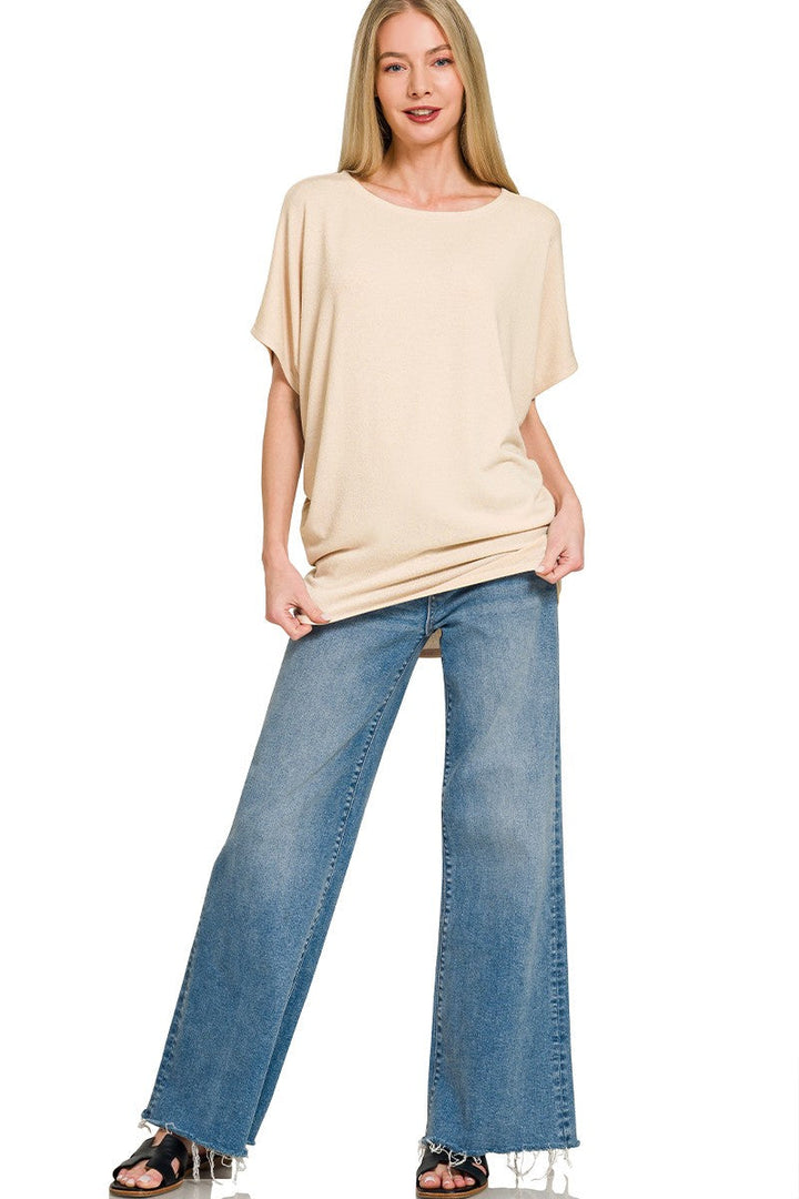 Zenana Hacci Dolman Sleeve Boat Neck Top