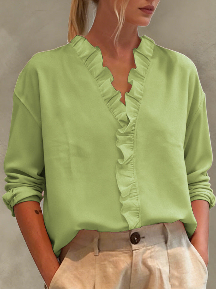 Womens Casual Long-sleeve V-neck Blouse With Lace Trim