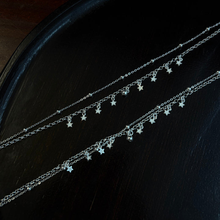 1pc 999 Sterling Silver Double-Layer Star & Bead Anklet, Delicate Luxurious Style, Perfect For Daily Wear & Valentine's Gifts