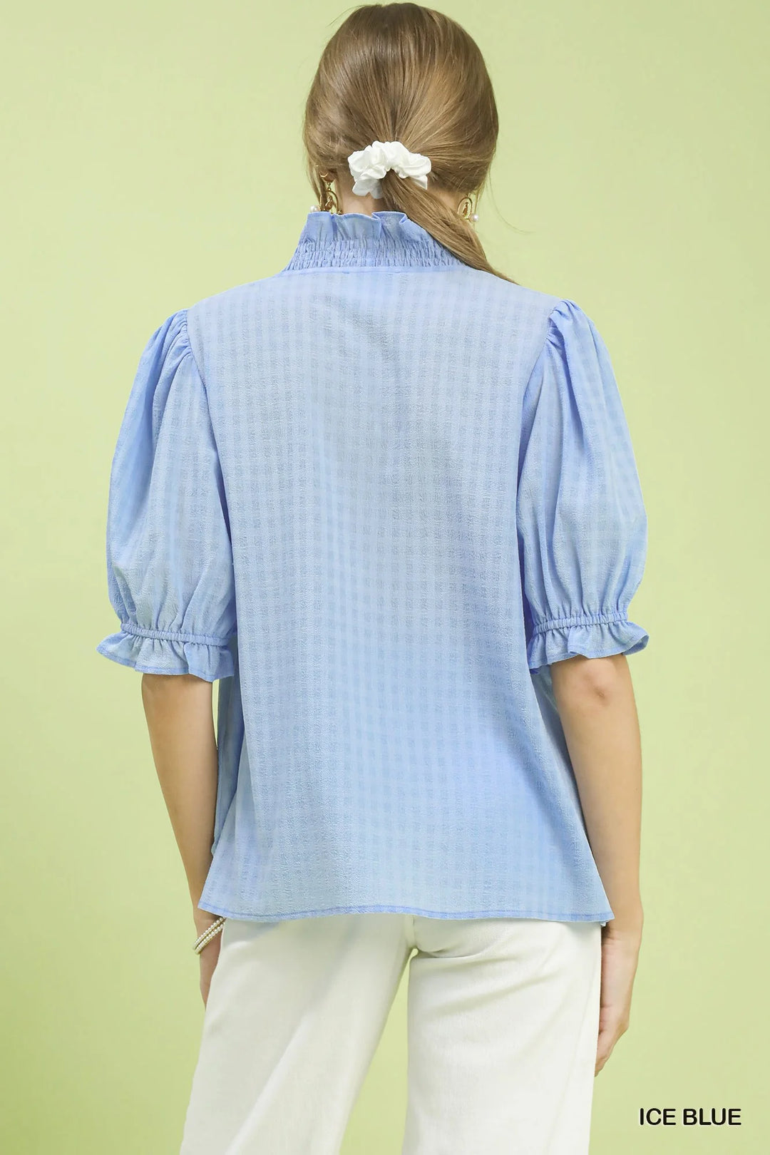 Umgee Textured Check Ruffle V-Neck Blouse