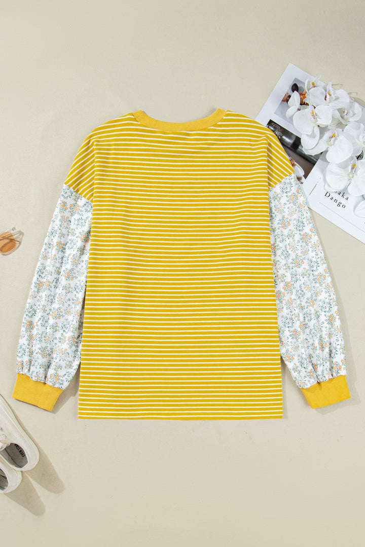 Yellow Stripe Striped Contrast Floral Sleeve Patchwork Plus Size Loose Top