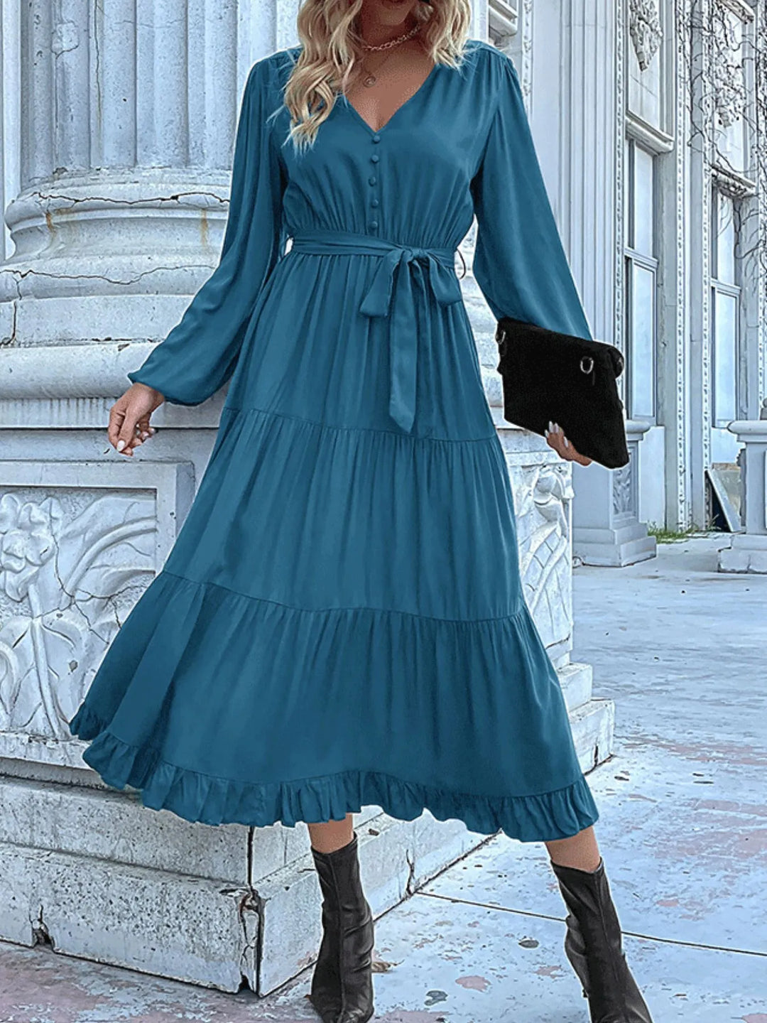 Ruffled Hem V-Neck Balloon Sleeve Dress