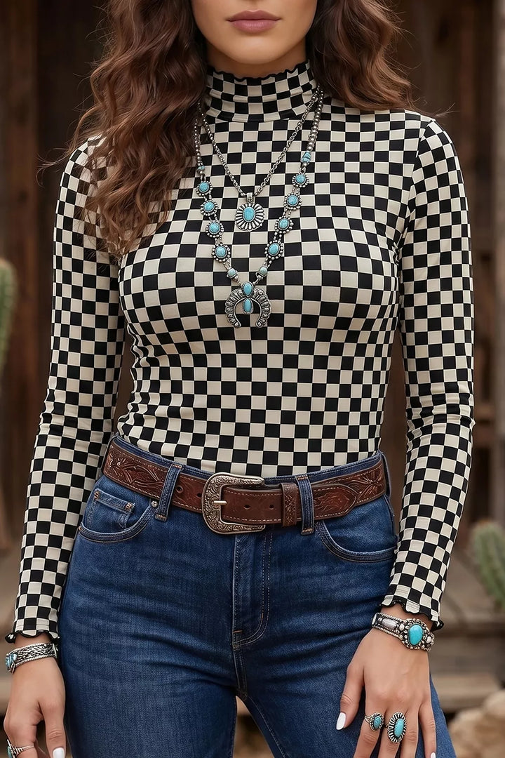 Plaid Stand Neck Long Sleeve Mesh Top