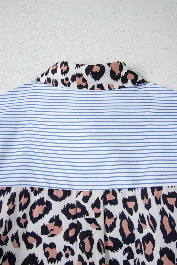 Sky Blue Stripe Colorblock Leopard Patchwork Chest Pocket Cuffed Sleeve Shirt