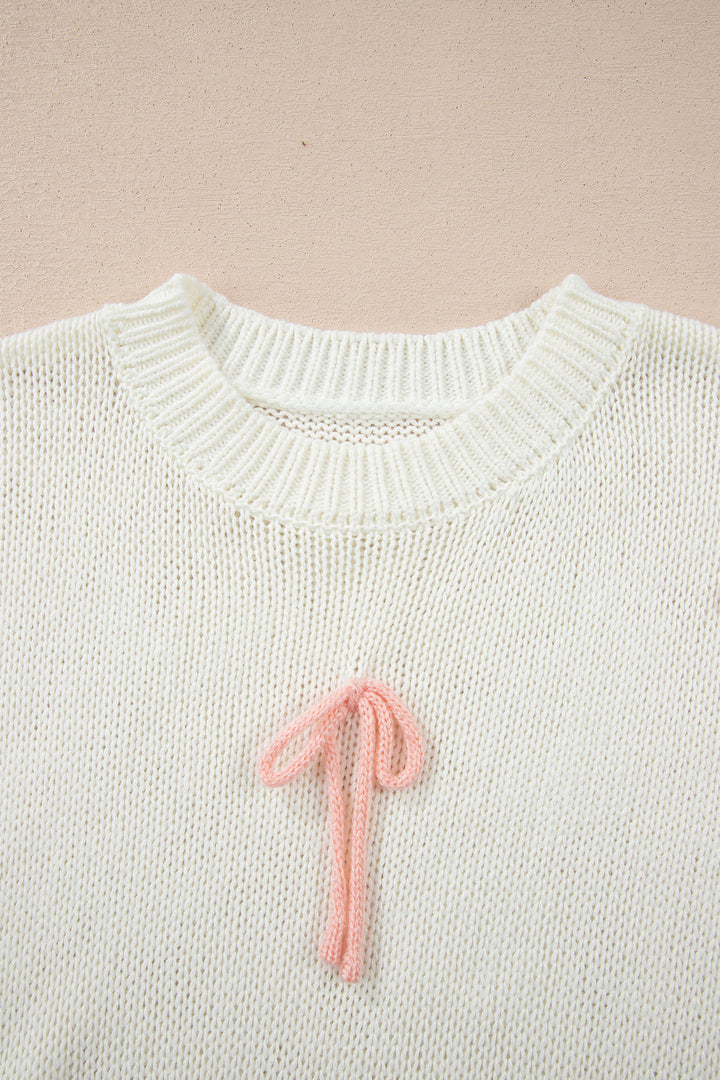 White Short Sleeve Knit Contrast Bow Knot Loose Sweater
