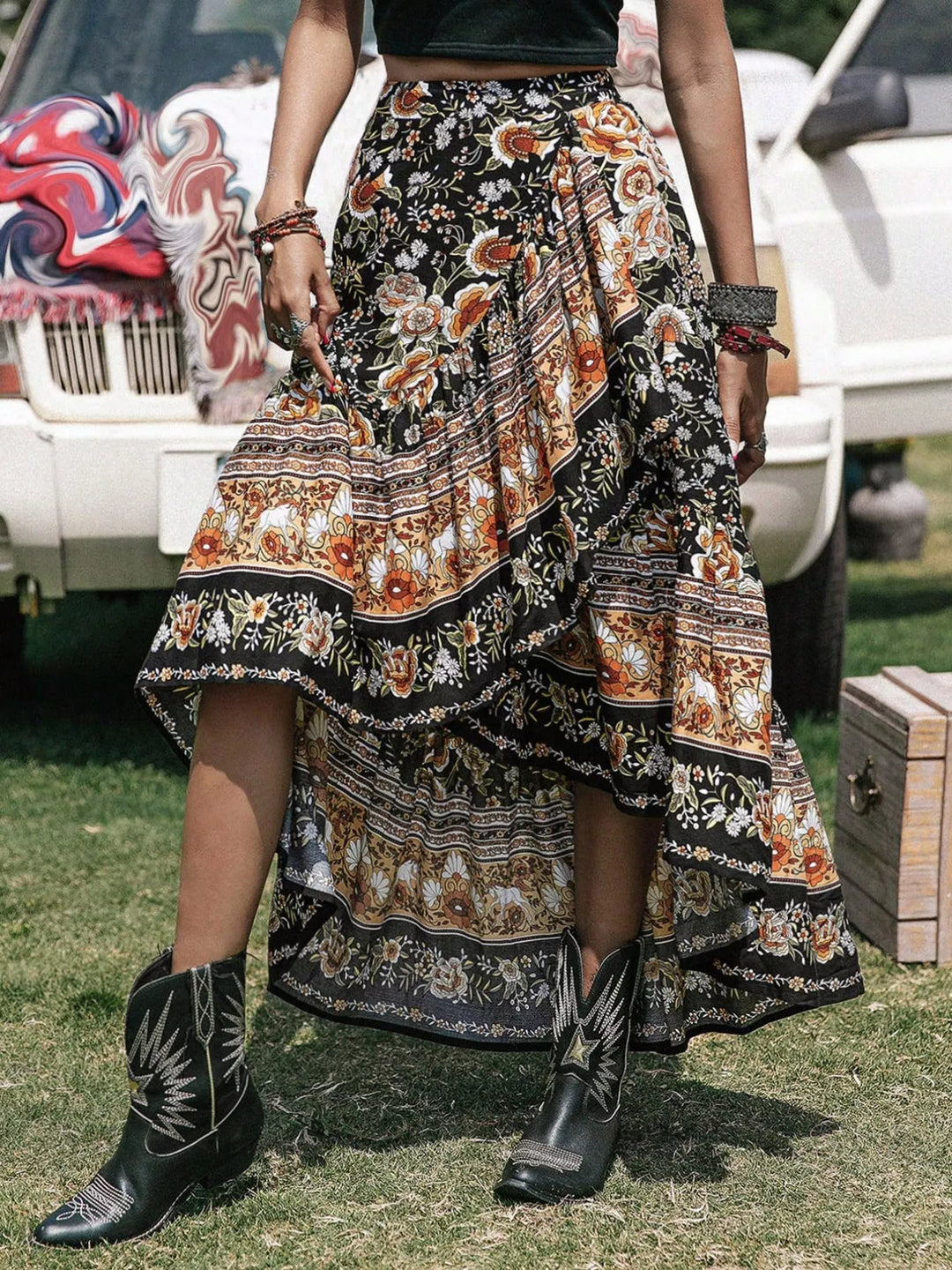 Plus Size Boho Floral Print High-Low Skirt