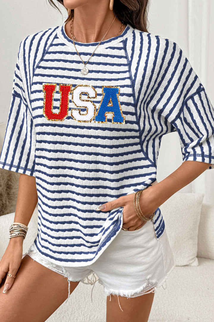 Blue Stripe Textured Knit USA Chenille Lettering Oversize Tee