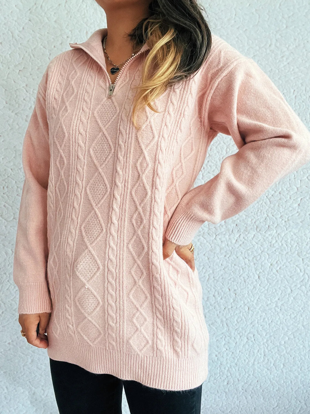 Texture Zip Collar Long Sleeve Sweater