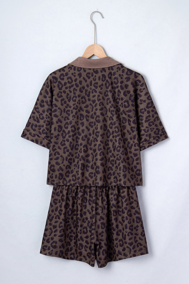 Brown V Neck Collar Leopard Printed 2pcs Short Set