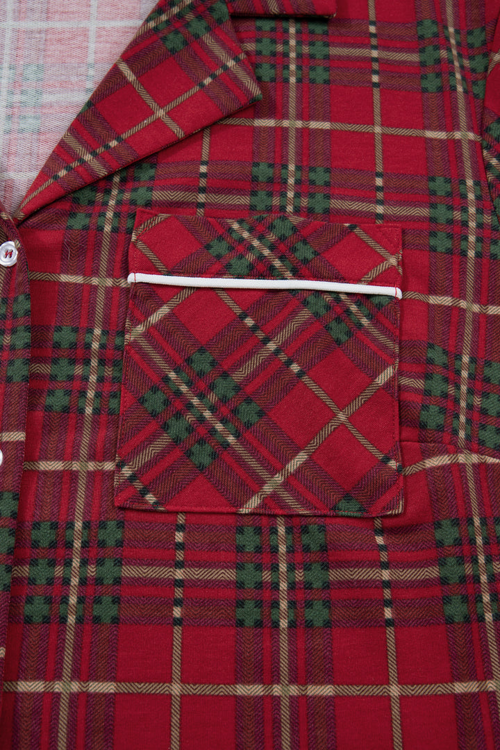 Red Plus Size Plaid Short Sleeve Shirt Loose Pants 2pcs Pajama Set