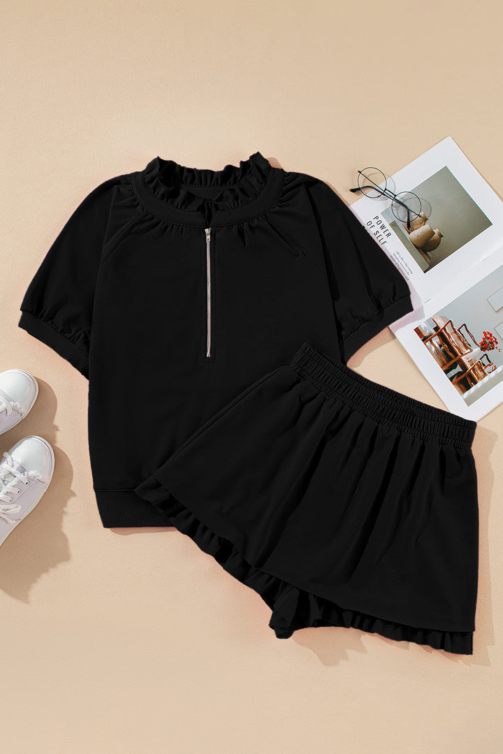 Black Half Zip Puff Sleeve Top and Ruffled Shorts Set