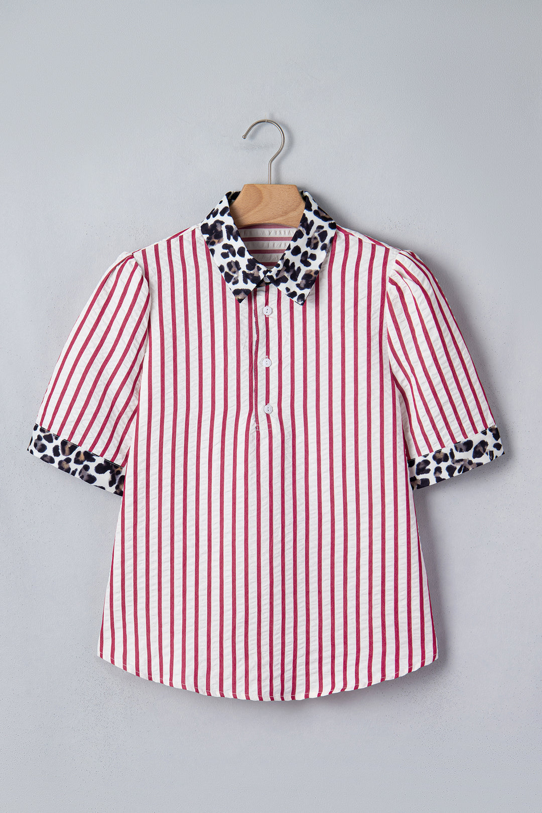Red Stripe Leopard Contrast Trim Half Button Blouse