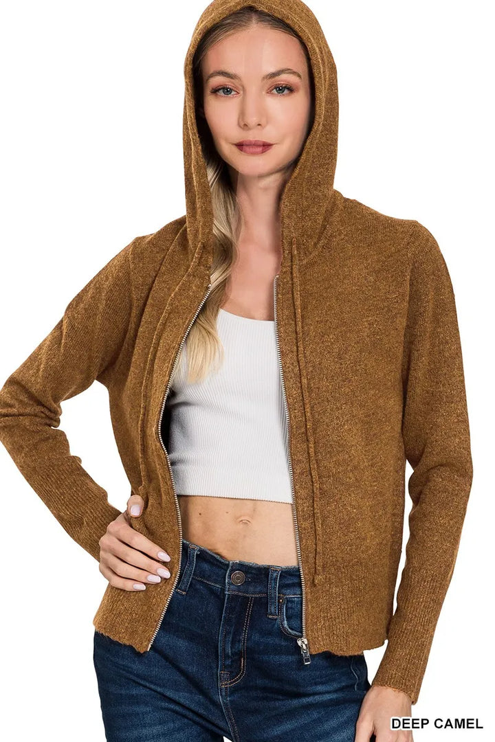 Zenana Drawstring Zip Up Hooded Cardigan