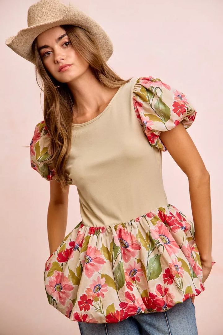 BiBi Floral Printed Bubble Sleeves and Hem Peplum Top