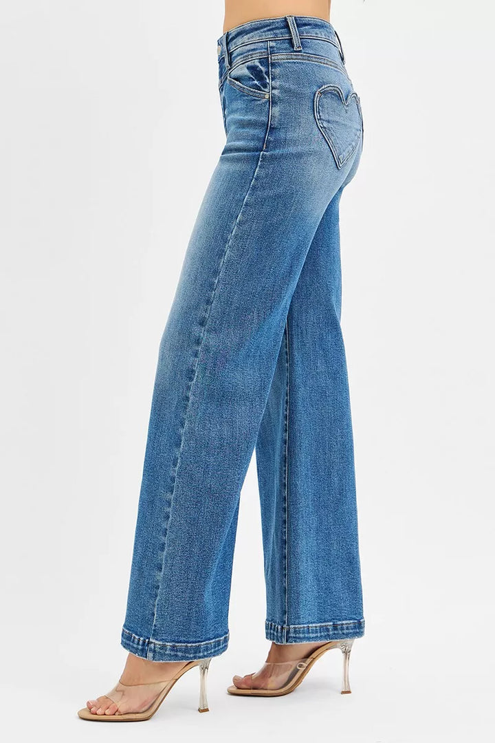 RISEN High Rise Wide Leg Jenas with Front Yoke and Heart Back Pocket