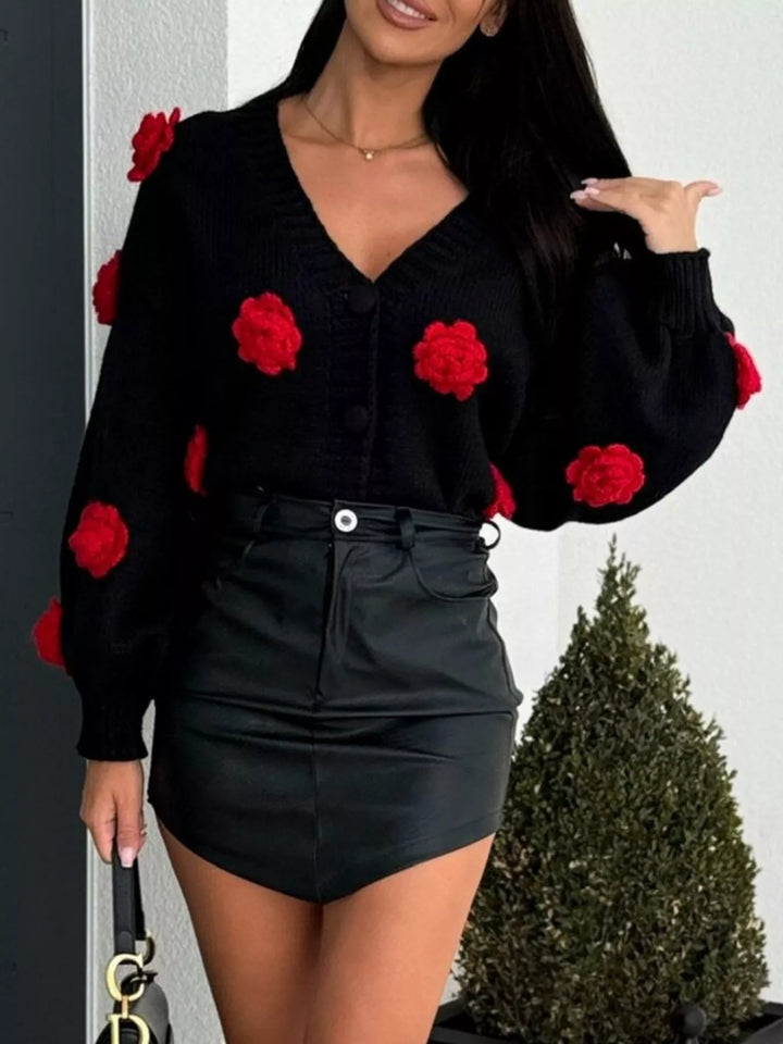 Rose Embellished V-Neck Cardigan