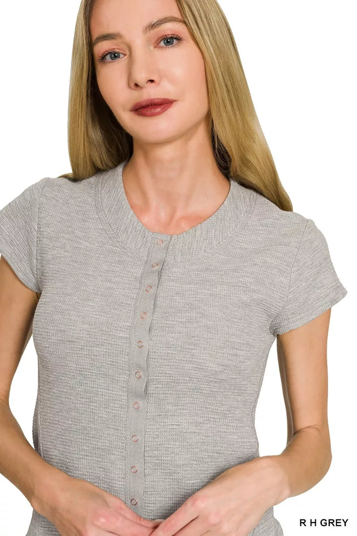 Zenana Double Knit Snap Button Short Sleeve Shirt