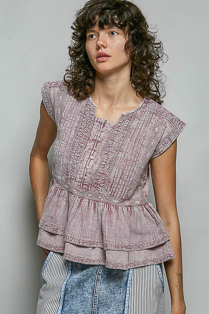 POL Eyelet Embroidery Pintuck Sleeveless Cotton Blouse