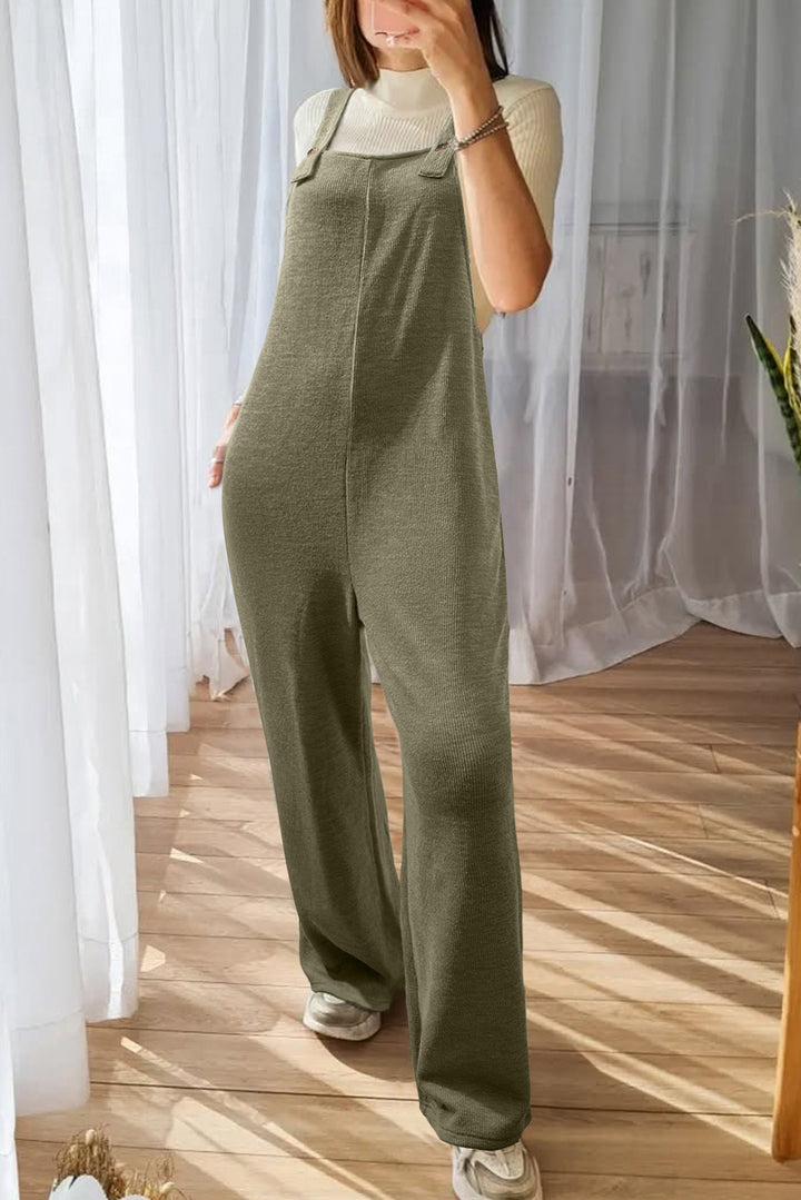 Laurel Green Solid Color Knit Loose Straight Leg Casual Overall Jumpsuit
